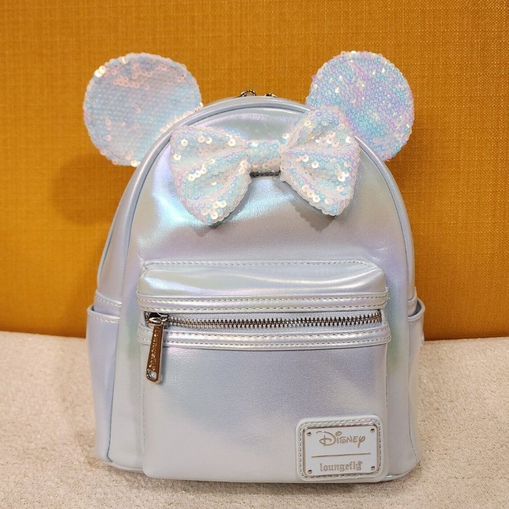 Loungefly Disney Minnie Mouse Ears Bow Blue Iridescent Sequin Mini Backpack NEW